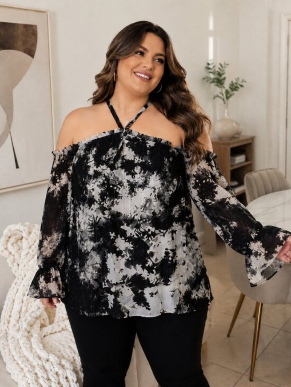 INC International Concepts Women 3X Cold Shoulder Tie Dye Metallic Halter BLOUSE